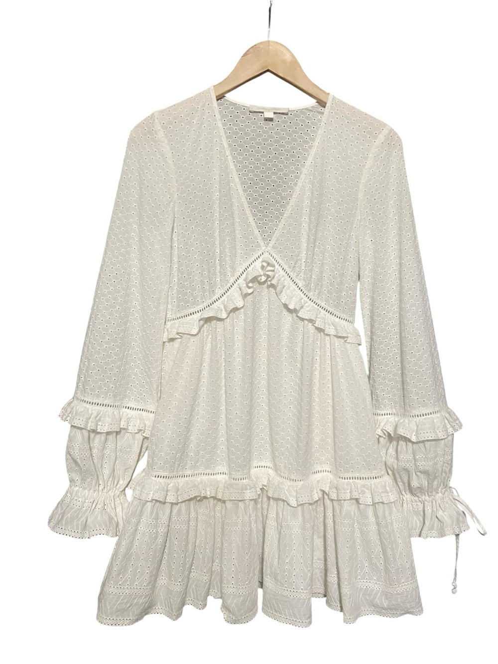 Jonathan Simkhai White Cotton Eyelet Long Sleeve Ruffle V Neck Mini Dress Sz XS